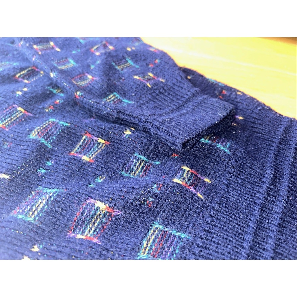 Vintage 90s Med-Large Navy Jantzen Men's Cardigan Rainbow Sweater Preppy Grandpa - Picture 2 of 6